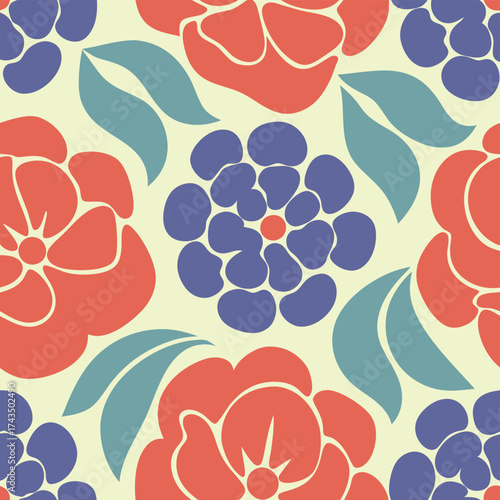 Vibrant retro floral pattern with coral blue and cream blooms.