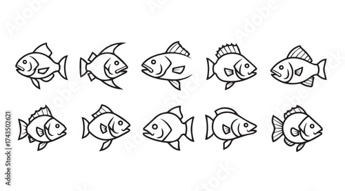 Hand drawn sketchy fish collection simple line art animal design aquatic marine life vector