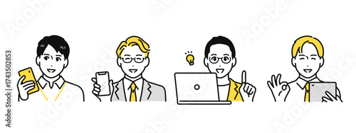 スマートフォン タブレット ノートパソコン 解決 笑顔 ビジネスパーソン アイコン