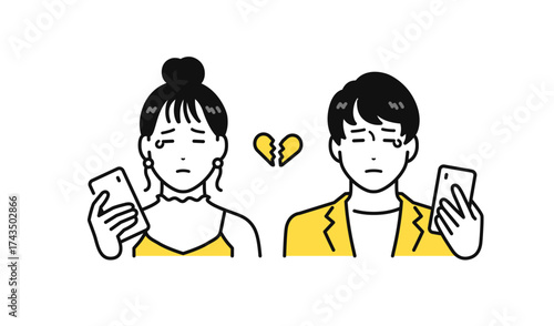 スマホを持って泣く若い男女のアイコンイラスト