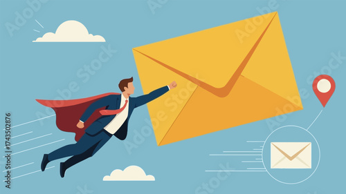 Superhero businessman flying with large yellow envelope icon