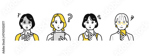 スマホやタブレットなどのデジタル機器を見て困る中年女性のシンプルなアイコンセット