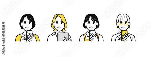 スマホやタブレットなどのデジタル機器を操作する中年女性のシンプルなアイコンセット