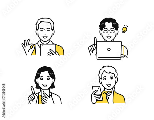 スマートフォン タブレット パソコン 喜ぶ 笑顔 中年男女 アイコン