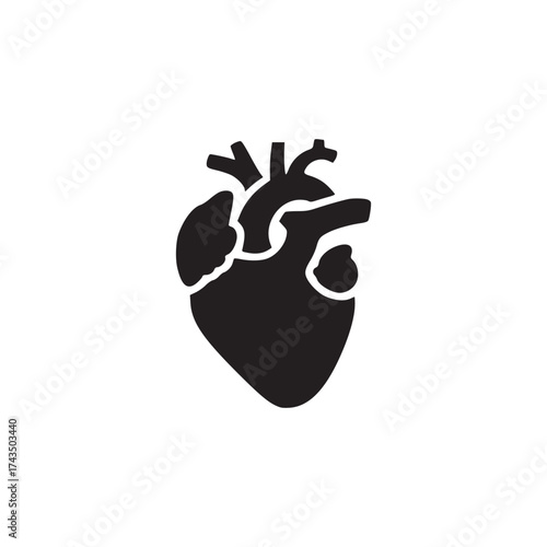 A simple black heart graphic centered on a white background in a minimalist style design element