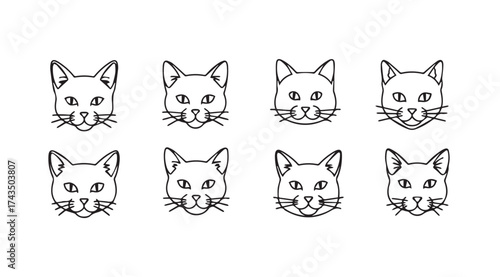 Eight hand drawn sketchy cat faces expressing different emotions and styles vector
