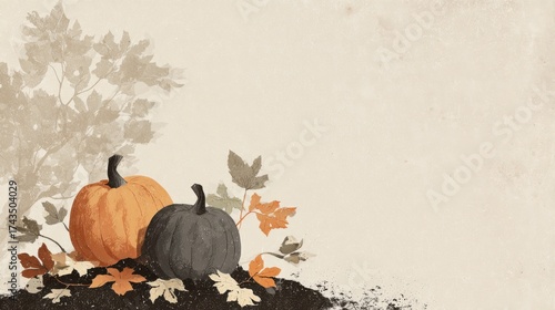 Harvest celebration pumpkins and autumn leaves outdoor scene art illustration fall colors still life concept