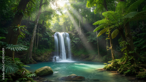 A serene tropical rainforest landscape featuring a beautiful waterfall cascading into a clear turquoise pool. Sunlight beams filter through the lush green canopy, creating a peaceful and natural atmos