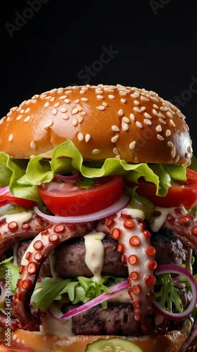 Selective focus. Gourmet burger with octopus and vegetables on black background. Creative fusion burger with seafood and fresh ingredients