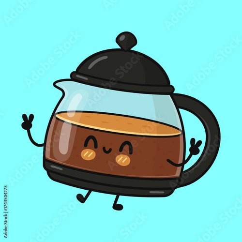 Cartoon coffee pot character smiling showing peace sign