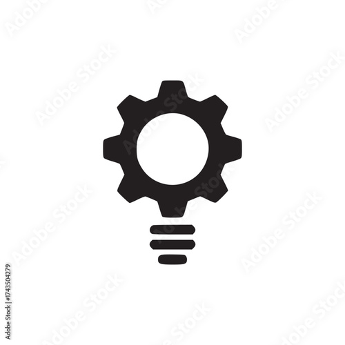 A black gear icon with three lines below it resembling a lightbulb on a white background simple design