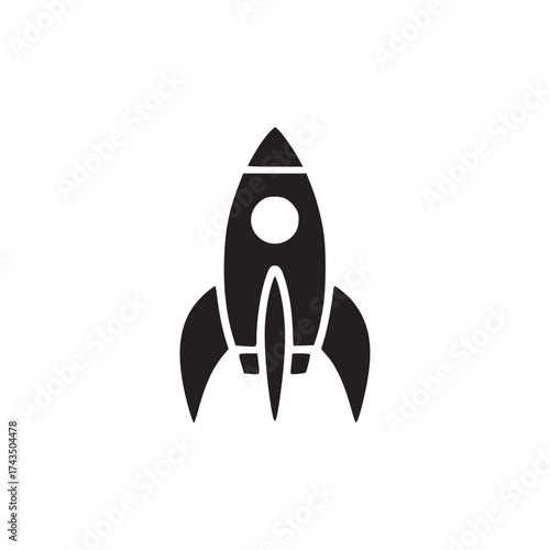 A minimalist black rocket ship icon with a round window and three fins on a white background design