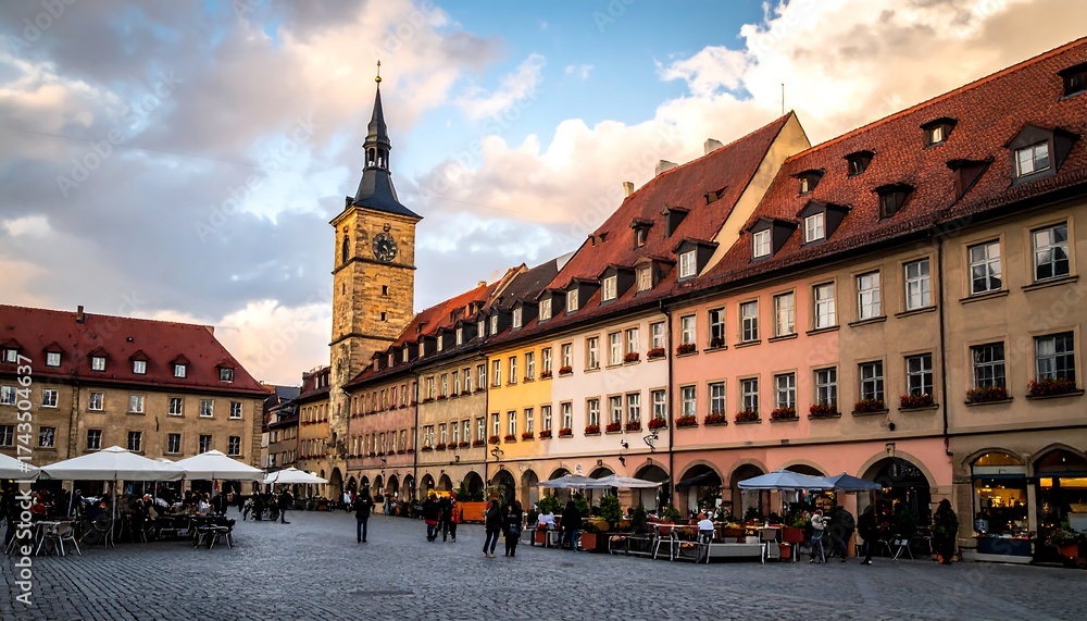 Obraz premium Square with historic buildings and tall clock tower