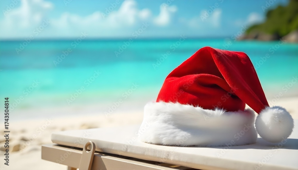 Fototapeta premium A Santa hat rests on a beach chair, surrounded by sand and palm trees, capturing a tropical Christmas vibe
