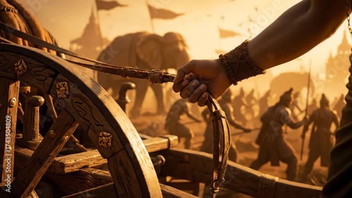Epic depiction of the Bhagavad Gita war scene and chariot puller, symbolizing Hindu philosophy and Geeta Jayanti relevance.