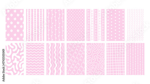 Pastel Pink Vertical Coquette Backgrounds Set. Hand drawn Pale 1920x1080 ratio backdrops collection with pale color, curly wavy lace swirl elements. Cute girlish wallpapers