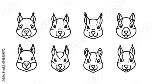 Collection of stylized squirrel faces hand drawn line art portraits expressing diverse emotions vector