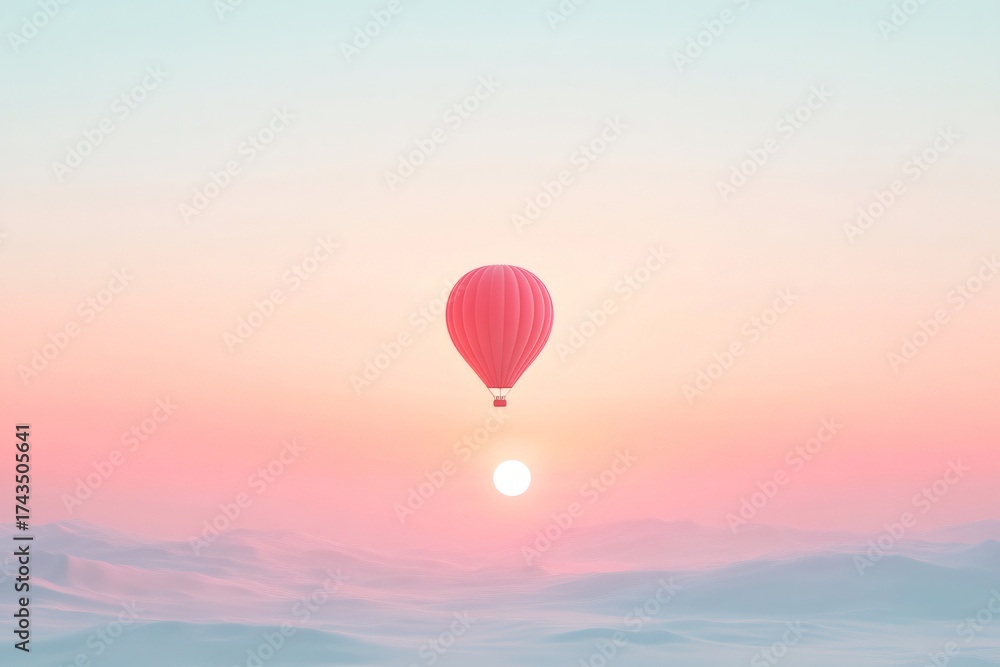 Obraz premium Hot air balloon ascending into a clean pastel sky during sunrise or sunset, presenting themes of freedom and adventure