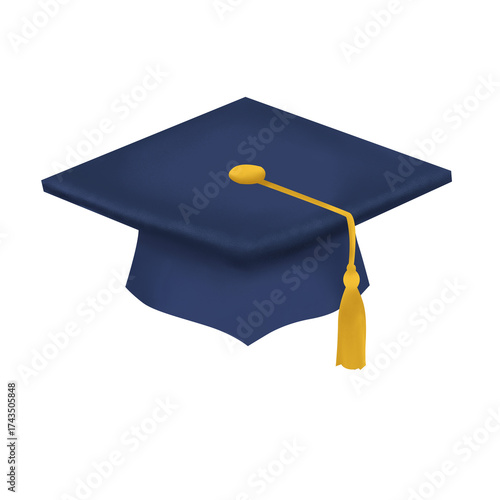 Digital art of a navy graduation cap with a golden tassel, centered on a white background, soft lighting, celebratory mood, no people.
