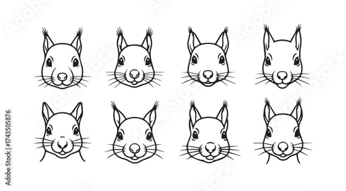 Collection of eight expressive hand-drawn squirrel faces offering diverse emotions and poses vector