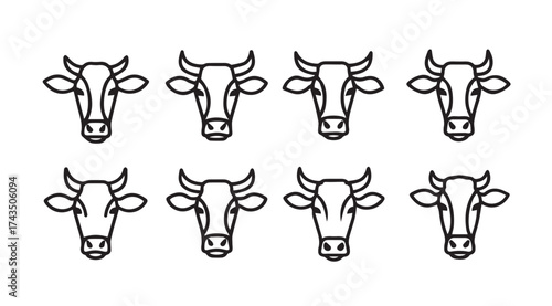 Collection of diverse cow heads in simple outline style for branding and design projects vector