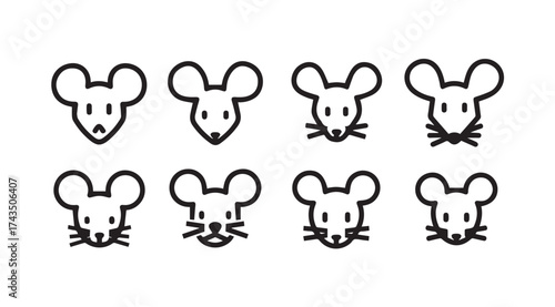 Cute cartoon mouse heads set minimalist line art character icons simple adorable rodent faces vector