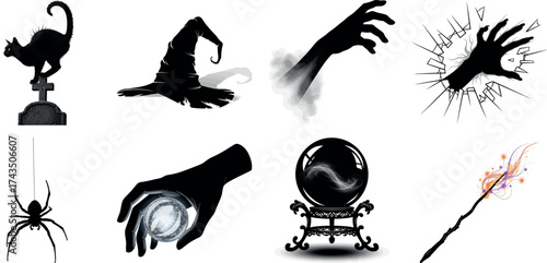 Vector art of set of mystical halloween symbols including a black cat, witch hat, zombie hand, magic hand, spider, crystal ball, and wand