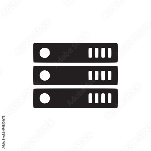 A simple black and white illustration of three server racks stacked on top of each other in a minimalist style