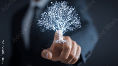 Digital tree of connected data glowing above fingertip in business hand, futuristic technology vision inspiring innovation and connection