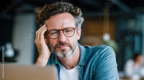 Middle aged man thoughtful eyeglasses beard curly hair casual shirt