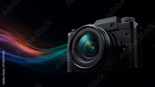 Sleek mirrorless camera camera lens black camera body photography equipment studio lighting colorful light trails close up product technology