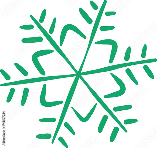 Stylized green snowflake design with intricate patterns and sharp edges, symbolizing winter and cold weather. This unique shape evokes feelings of freshness and seasonal beauty