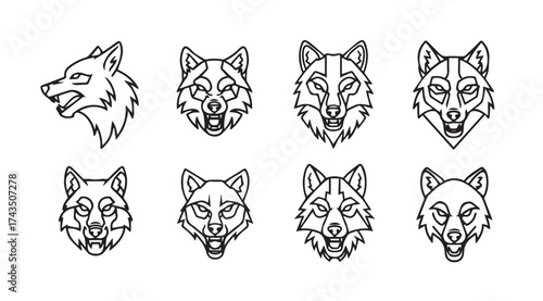Set of eight stylized wolf heads showing ferocity and power in outline art vector