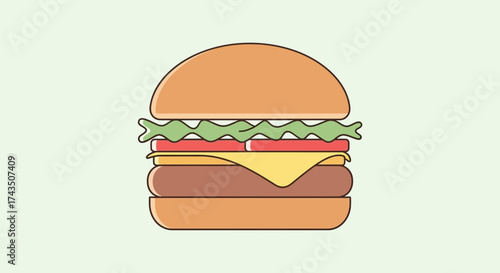 Cartoon Burger with Lettuce, Tomato, Cheese, and Patty Illustration.