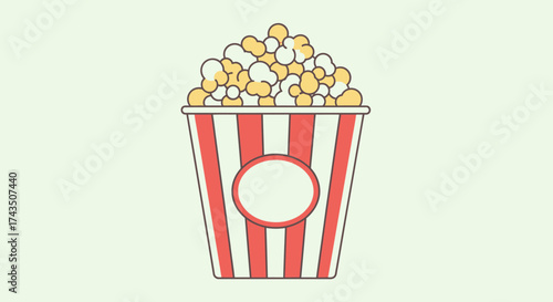 Cartoon Popcorn Bucket with Red Stripes and Overflowing Kernels.