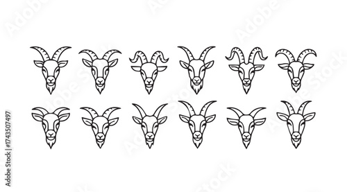 Collection of distinct goat head icons with intricate horn designs for symbolism and decoration vector