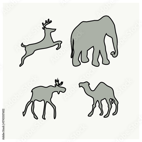Set of Four Silhouetted Wild Animals Featuring Deer, Elephant, Moose, and Camel