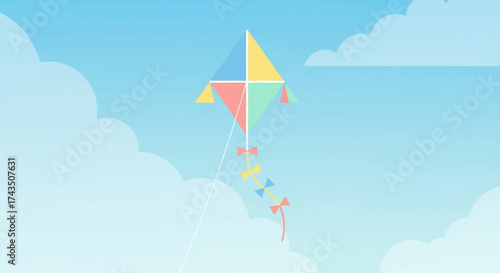 Colorful Kite Soaring in the Sky with Decorative Bows.