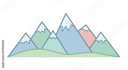 Colorful Mountain Range Illustration with Snow-Capped Peaks and Green Base.