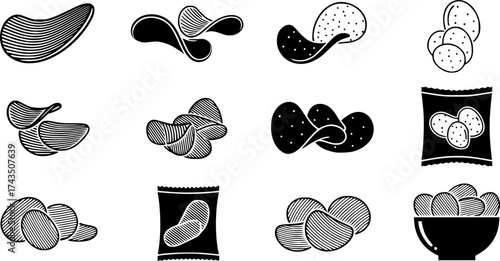 Chips potato icon set. Flat set of chips potato vector icons