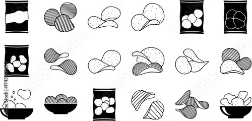 Chips potato icon set. Flat set of chips potato vector icons