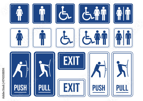 Collection of blue and white public information signboards for restroom, accessibility, and exit guidance. Public service concept.
