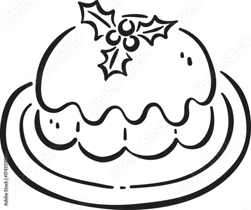 Delicious Christmas pudding decorated with holly leaves sits on plate, symbolizing festive celebrations and holiday traditions. This delightful dessert brings joy and warmth to gatherings