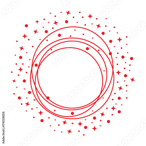 Bright round Christmas frame. White cloud under  text in  middle of  frame, red circles and snowflakes on  edges. Flat vector design. One illustration isolated on  white background.