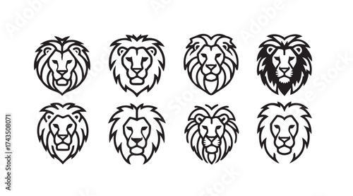 Collection of stylized lion head emblems representing power strength and royalty in graphic style vector