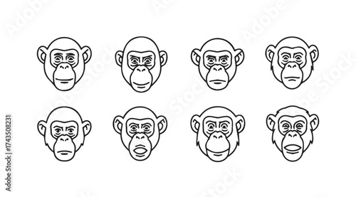 Eight monkey faces expressing different emotions and gestures hand drawn style vector