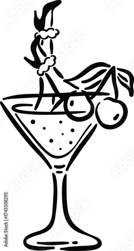 Refreshing cocktail garnished with cherries and decorative element, served in classic glass. This vibrant drink evokes sense of celebration and relaxation, perfect for summer gatherings