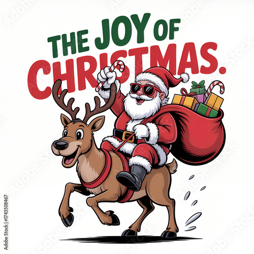 Santa claus riding reindeer with gift bag isolated on white background