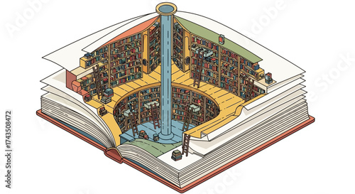 Cutaway Book Illustration of a Library Interior with Central Column.