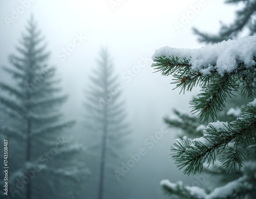 Snowy pine branch in the foreground against a foggy, misty winter forest of faded evergreens. Cold, serene, monochromatic, nature, wilderness.